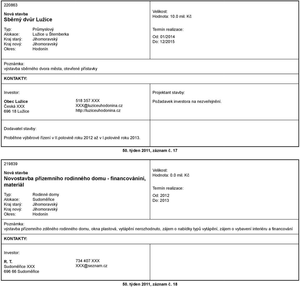 cz http://luziceuhodonina.cz Požadavek investora na nezveřejnění. Proběhne výběrové řízení v II.polovině roku 2012 až v I.polovině roku 2013. 50. týden 2011, záznam č.
