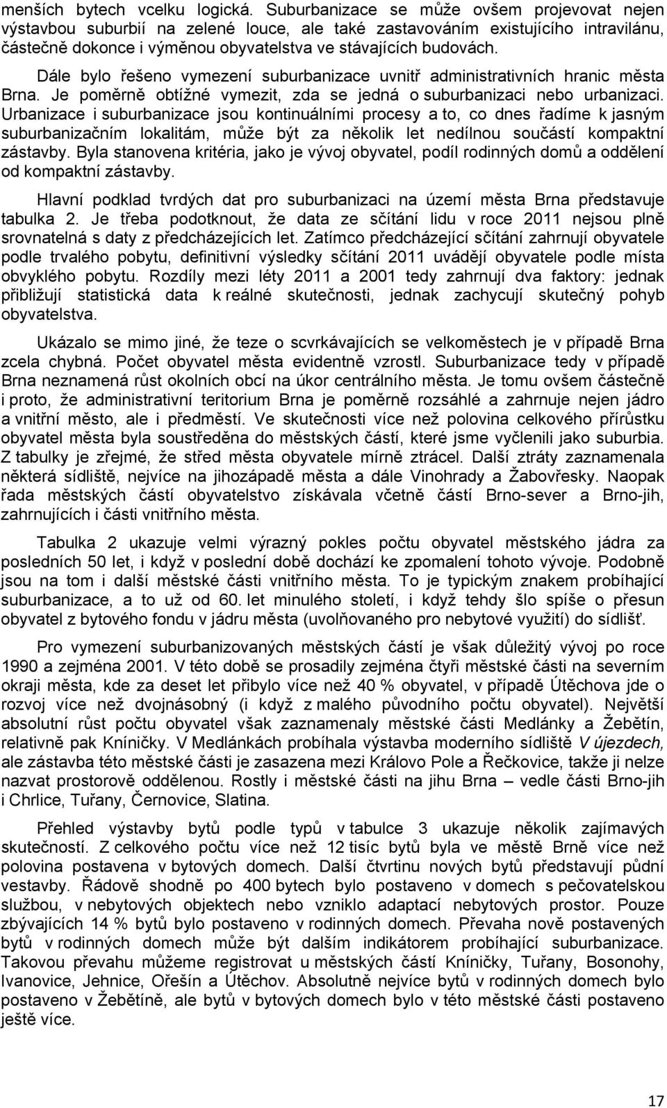 Dále bylo řešeno vymezení suburbanizace uvnitř administrativních hranic města Brna. Je poměrně obtížné vymezit, zda se jedná o suburbanizaci nebo urbanizaci.