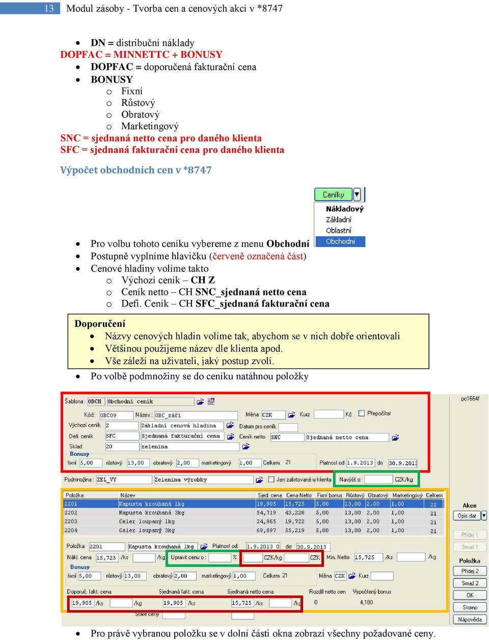(červeně označená část) Cenové hladiny volíme takto o Výchozí ceník CH Z o Ceník netto CH SNC_sjednaná netto cena o Defi.