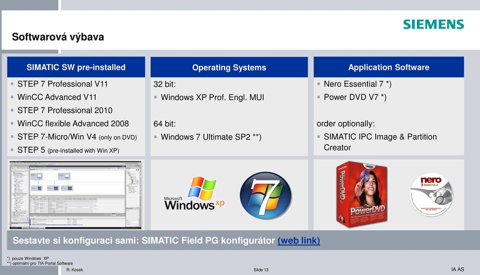 MUI 64 bit: Windows 7 Ultimate SP2 **) Application Software Nero Essential 7 *) Power DVD V7 *) order optionally: SIMATIC IPC Image &