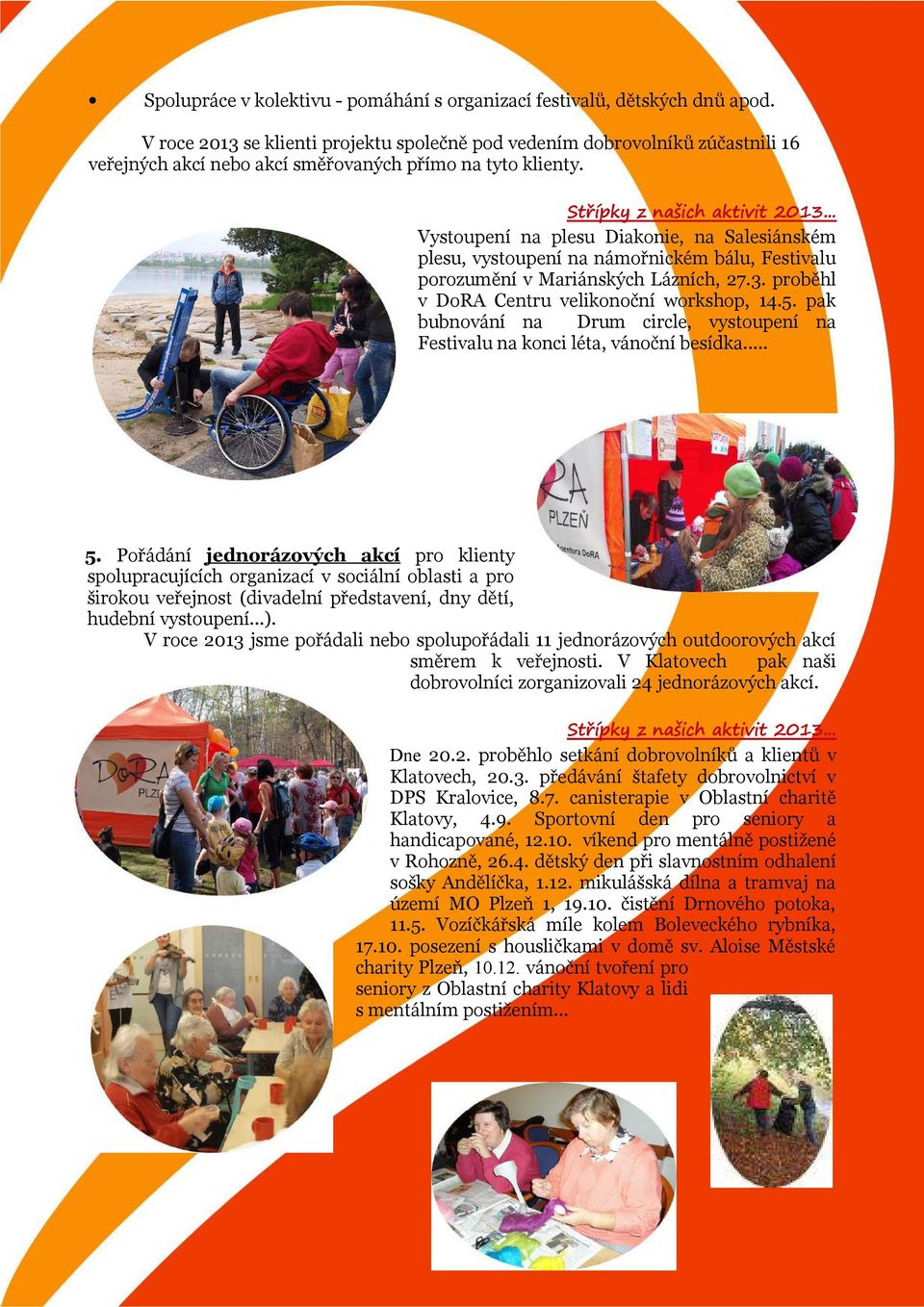 .. Vystoupení na plesu Diakonie, na Salesiánském plesu, vystoupení na námořnickém bálu, Festivalu porozumění v Mariánských Lázních, 27.3. proběhl v DoRA Centru velikonoční workshop, 14.5.