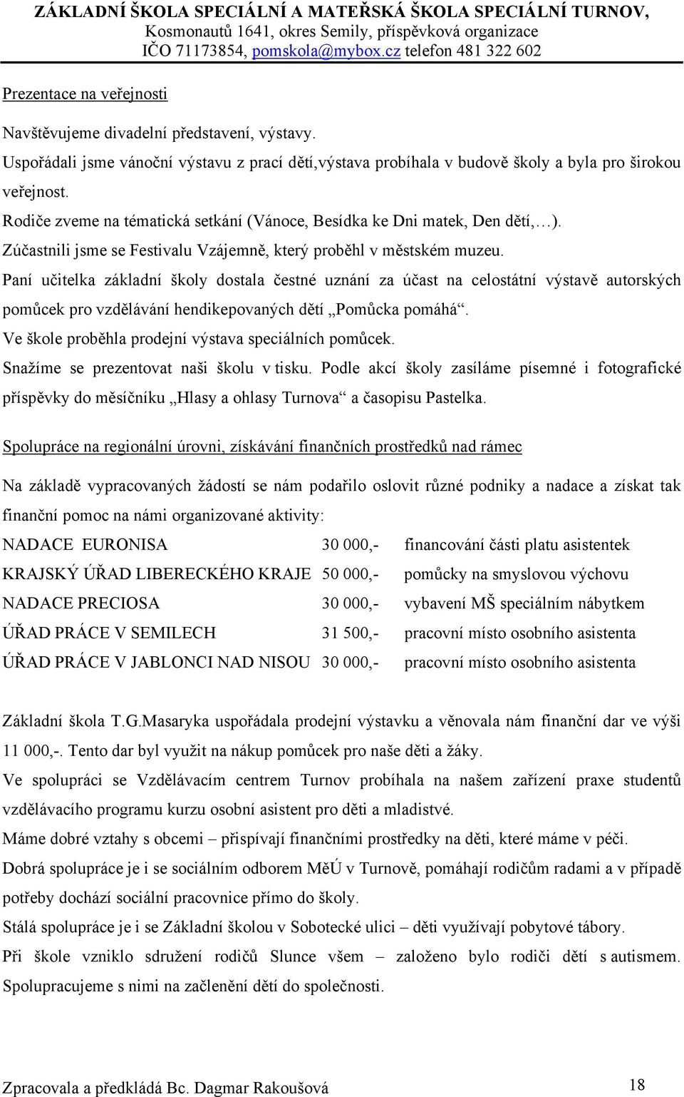 Paní učitelka základní školy dostala čestné uznání za účast na celostátní výstavě autorských pomůcek pro vzdělávání hendikepovaných dětí Pomůcka pomáhá.