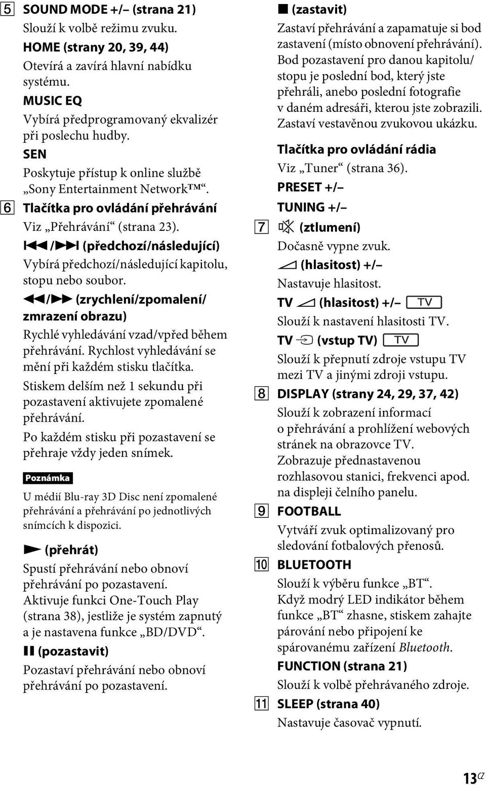 ./> (předchozí/následující) Vybírá předchozí/následující kapitolu, stopu nebo soubor. m/m (zrychlení/zpomalení/ zmrazení obrazu) Rychlé vyhledávání vzad/vpřed během přehrávání.