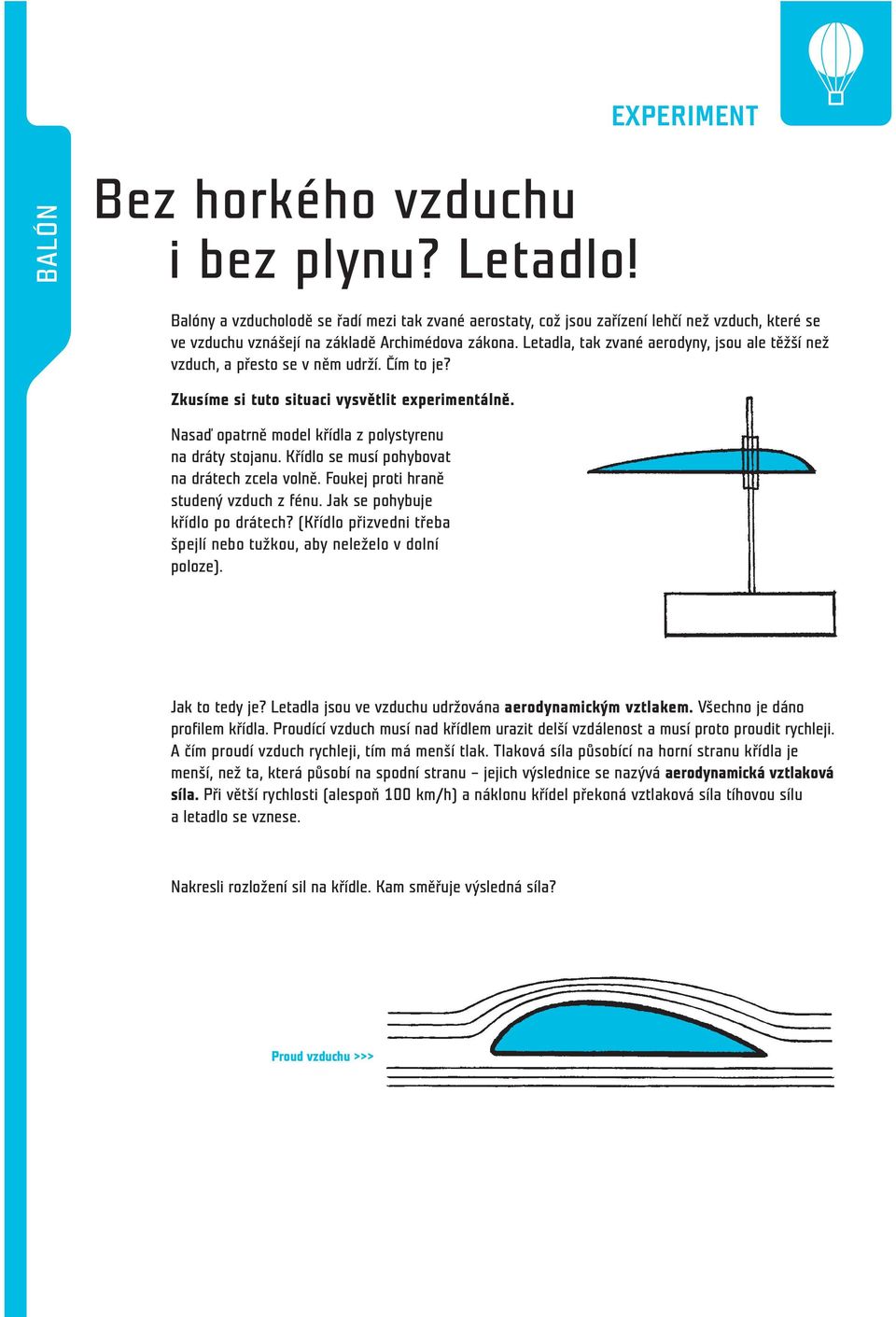 Křídlo se musí pohybovat na drátech zcela volně. Foukej proti hraně studený vzduch z fénu. Jak se pohybuje křídlo po drátech? (Křídlo přizvedni třeba špejlí nebo tužkou, aby neleželo v dolní poloze).