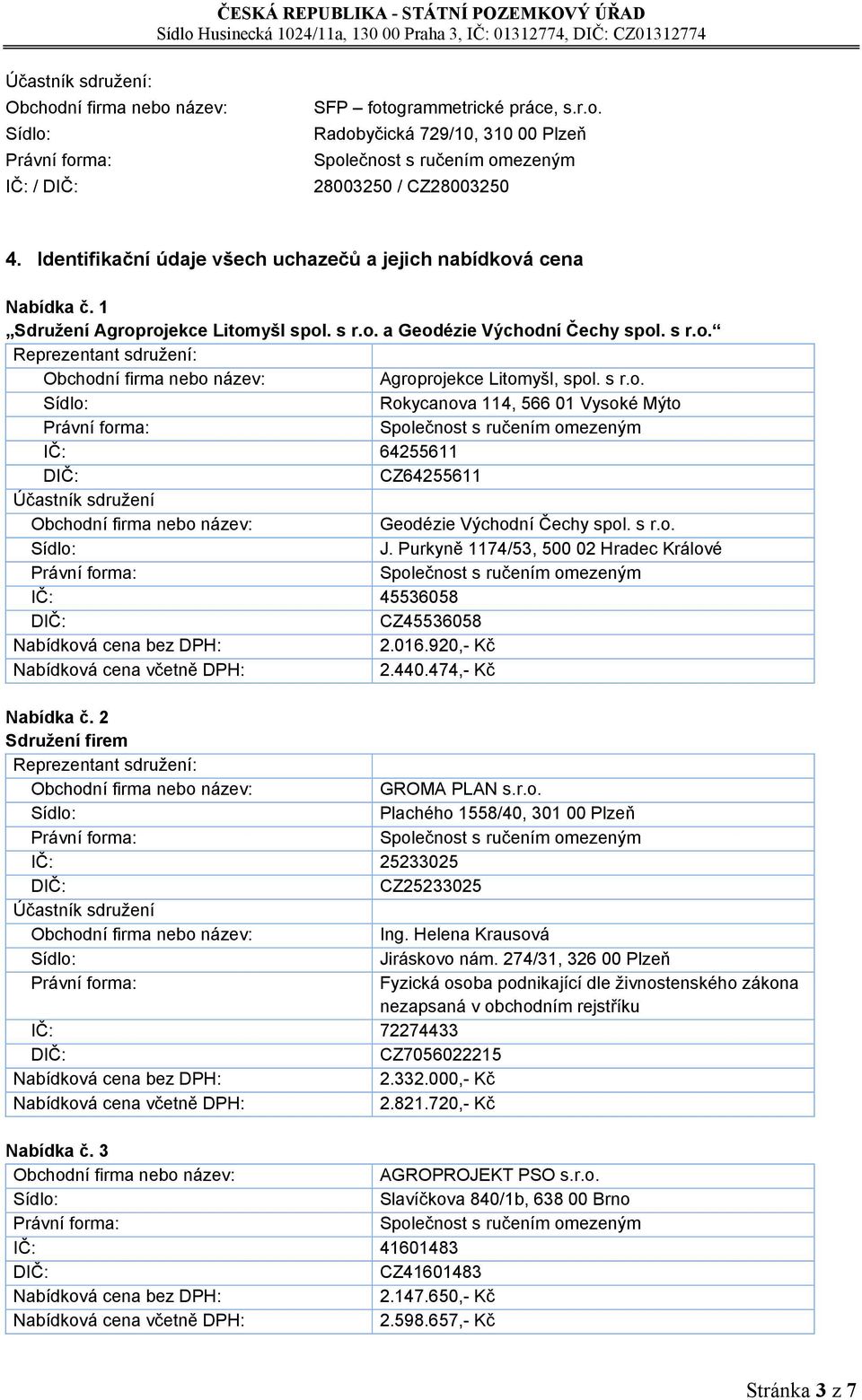 s r.o. J. Purkyně 1174/53, 500 02 Hradec Králové IČ: 45536058 CZ45536058 2.016.920,- Kč 2.440.474,- Kč Nabídka č. 2 Sdružení firem GROMA PLAN s.r.o. Plachého 1558/40, 301 00 Plzeň IČ: 25233025 CZ25233025 Ing.