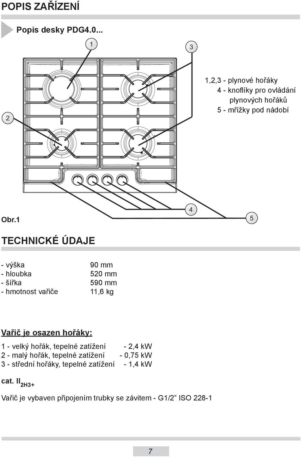 1 TECHNICKÉ ÚDAJE 4 5 - výška 90 mm - hloubka 520 mm - šířka 590 mm - hmotnost vařiče 11,6 kg Vařič je osazen
