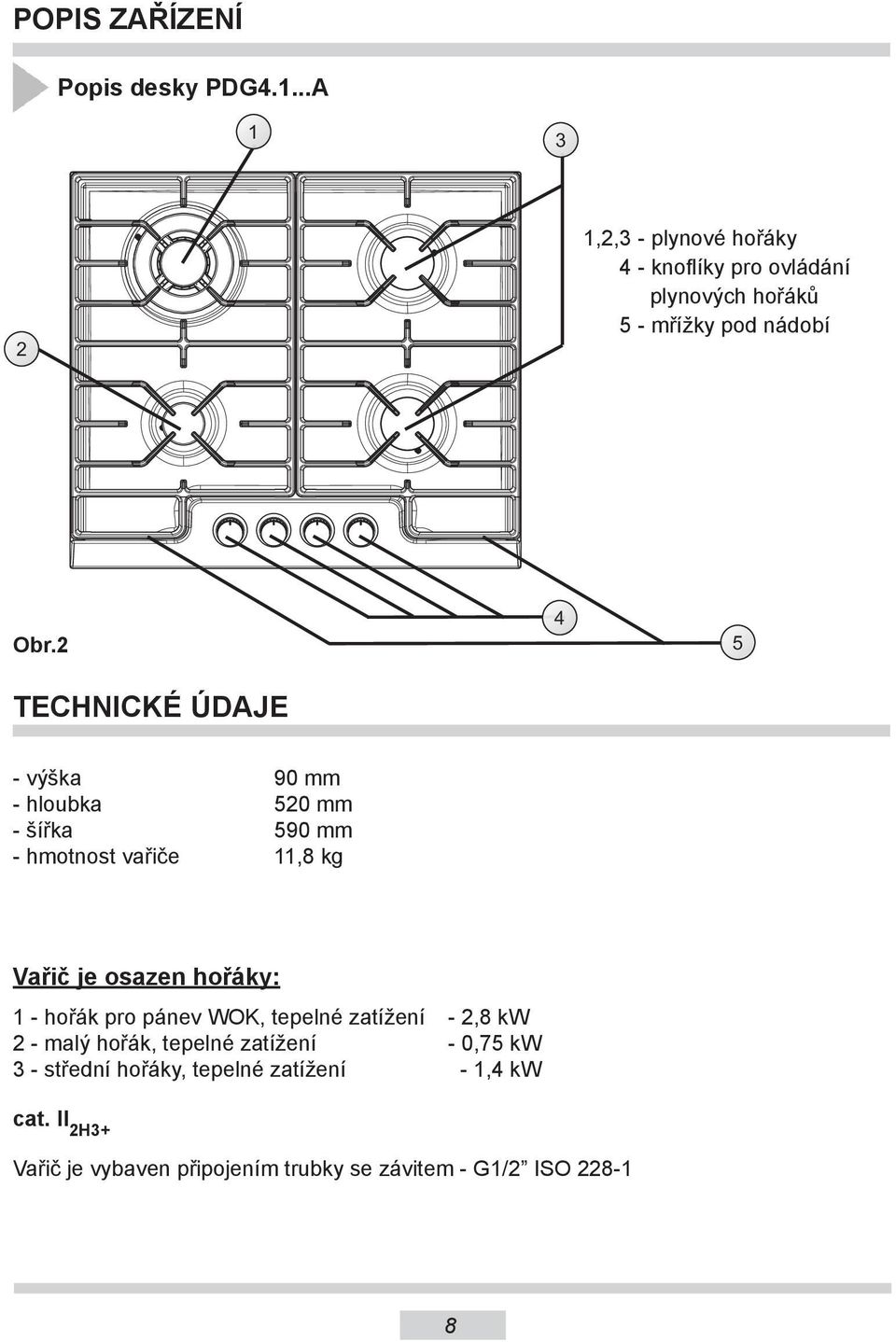 2 TECHNICKÉ ÚDAJE 4 5 - výška 90 mm - hloubka 520 mm - šířka 590 mm - hmotnost vařiče 11,8 kg Vařič je osazen hořáky:
