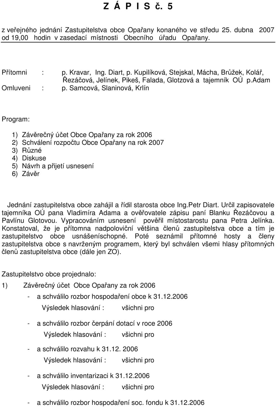 Samcová, Slaninová, Krlín Program: 1) Závěrečný účet Obce Opařany za rok 2006 2) Schválení rozpočtu Obce Opařany na rok 2007 3) Různé 4) Diskuse 5) Návrh a přijetí usnesení 6) Závěr Jednání