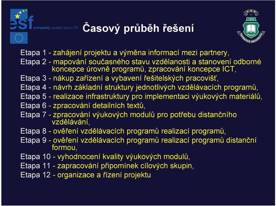 výukových materiálů, Etapa 6 - zpracování detailních textů, tů Etapa 7 - zpracování výukových modulů pro potřebu distančního vzdělávání, Etapa 8 -ověření vzdělávacích programů ů realizací programů, ů