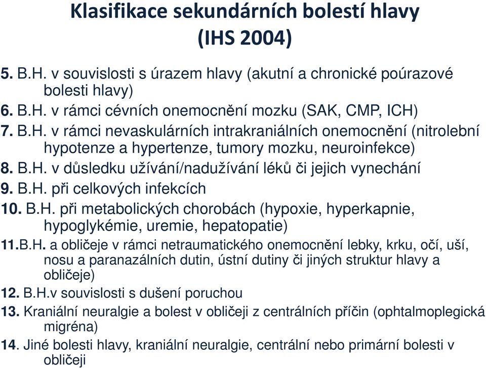 B.H.v souvislosti s dušení poruchou 13. Kraniální neuralgie a bolest v obličeji z centrálních příčin (ophtalmoplegická migréna) 14.