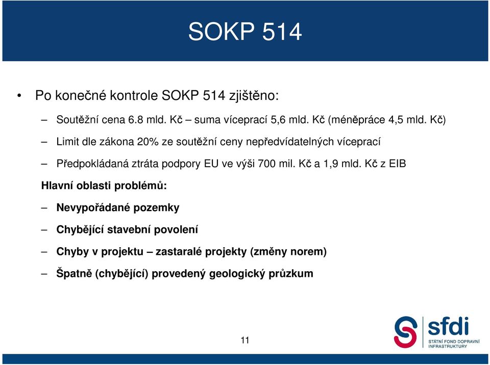 Kč) Limit dle zákona 20% ze soutěžní ceny nepředvídatelných víceprací Předpokládaná ztráta podpory EU ve výši