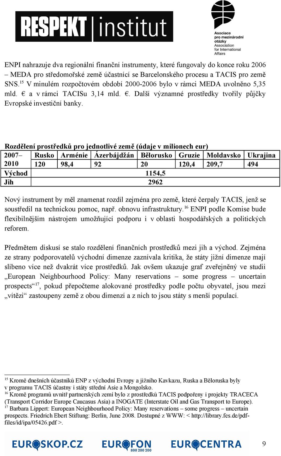 Rozdělení prostředků pro jednotlivé země (údaje v milionech eur) 2007 Rusko Arménie Ázerbájdžán Bělorusko Gruzie Moldavsko Ukrajina 2010 120 98,4 92 20 120,4 209,7 494 Východ 1154,5 Jih 2962 Nový