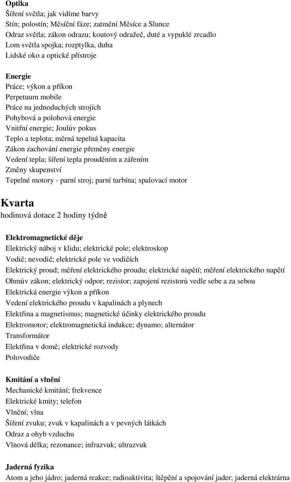 kapacita Zákon zachování energie přeměny energie Vedení tepla; šíření tepla prouděním a zářením Změny skupenství Tepelné motory - parní stroj; parní turbína; spalovací motor Kvarta hodinová dotace 2