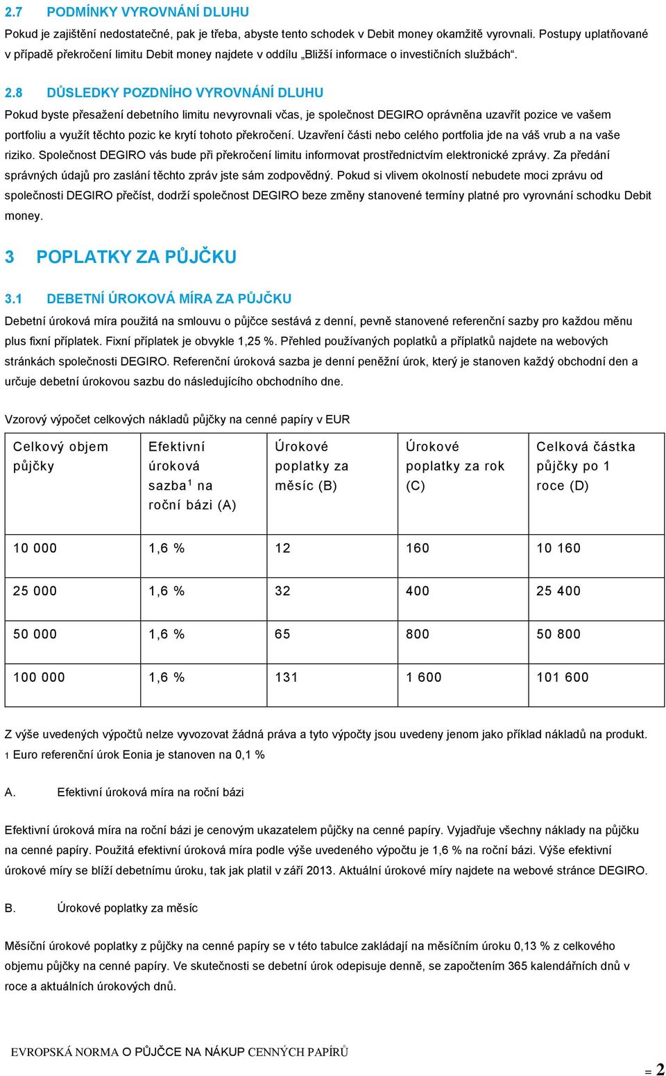 8 DŮSLEDKY POZDNÍHO VYROVNÁNÍ DLUHU Pokud byste přesažení debetního limitu nevyrovnali včas, je společnost DEGIRO oprávněna uzavřít pozice ve vašem portfoliu a využít těchto pozic ke krytí tohoto