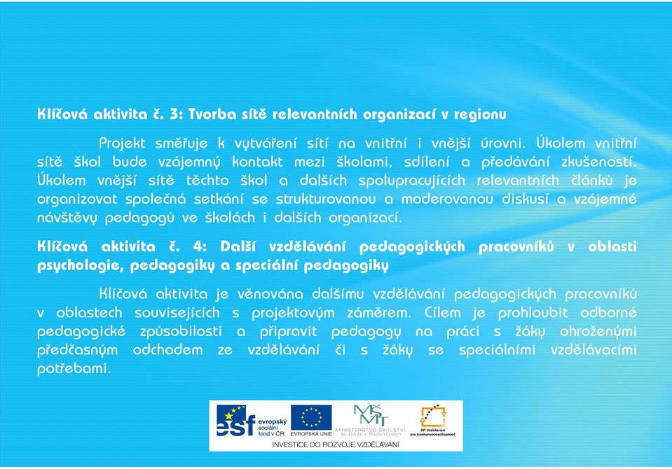 Úkolem vnější sítě těchto škol a dalších spolupracujících relevantních článků je organizovat společná setkání se strukturovanou a moderovanou diskusí a vzájemné návštěvy pedagogů ve školách i dalších