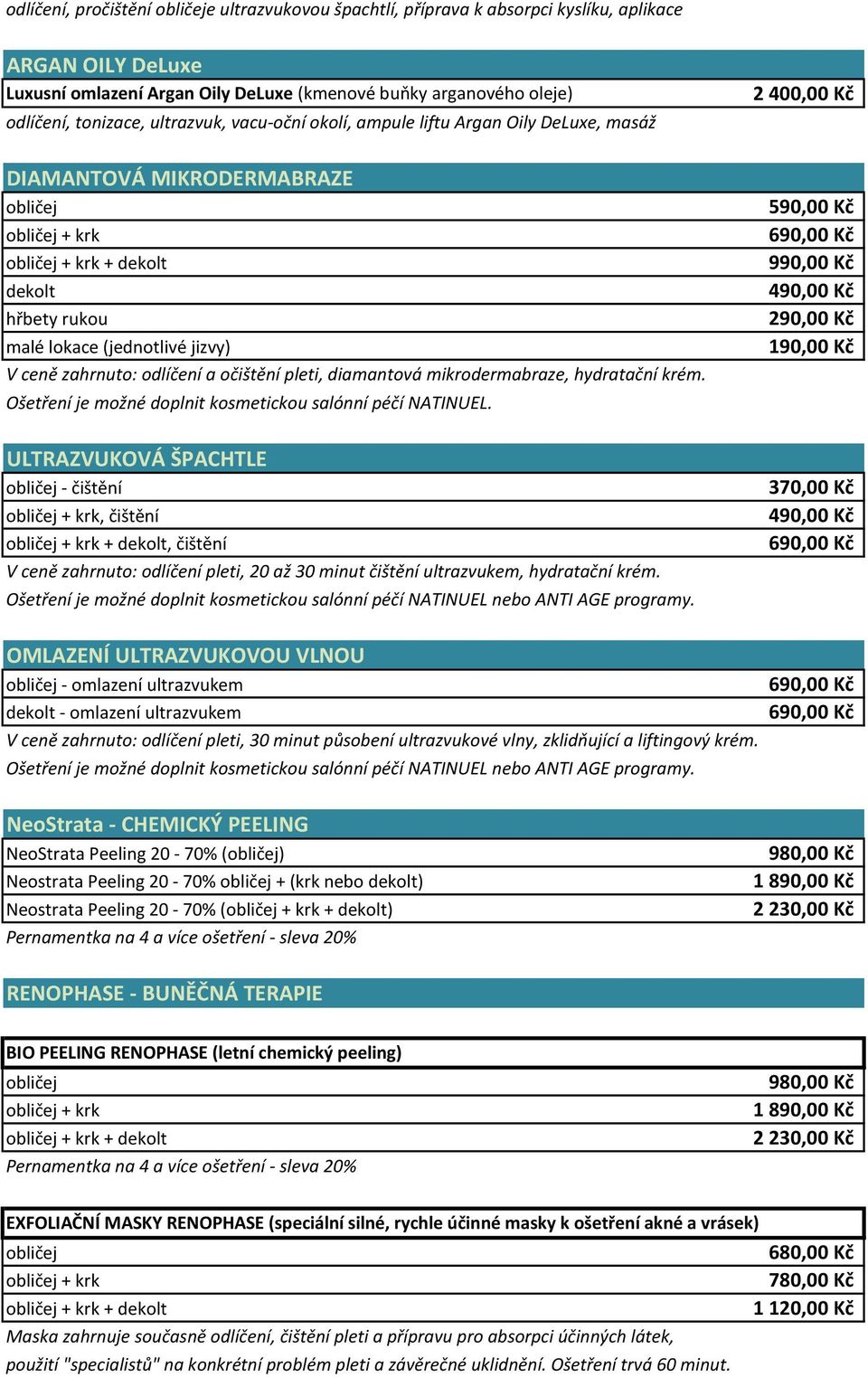očištění pleti, diamantová mikrodermabraze, hydratační krém. Ošetření je možné doplnit kosmetickou salónní péčí NATINUEL.
