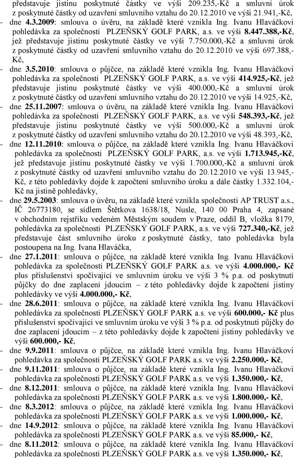 000,-Kč a smluvní úrok z poskytnuté částky od uzavření smluvního vztahu do 20.12.2010 ve výši 697.388,- - dne 3.5.2010: smlouva o půjčce, na základě které vznikla Ing.