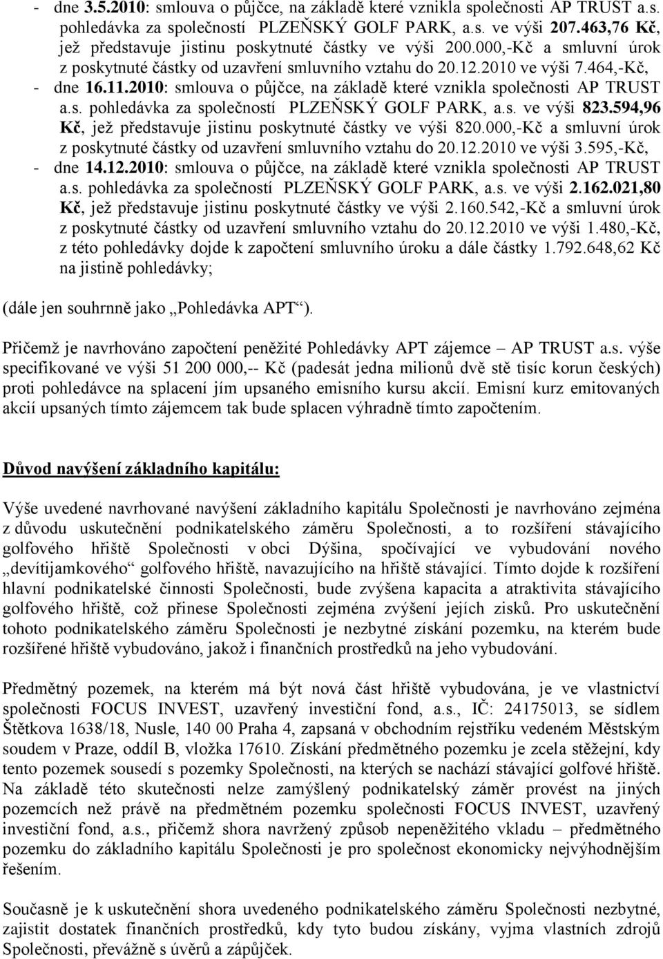 2010: smlouva o půjčce, na základě které vznikla společnosti AP TRUST a.s. pohledávka za společností PLZEŇSKÝ GOLF PARK, a.s. ve výši 823.594,96 jež představuje jistinu poskytnuté částky ve výši 820.