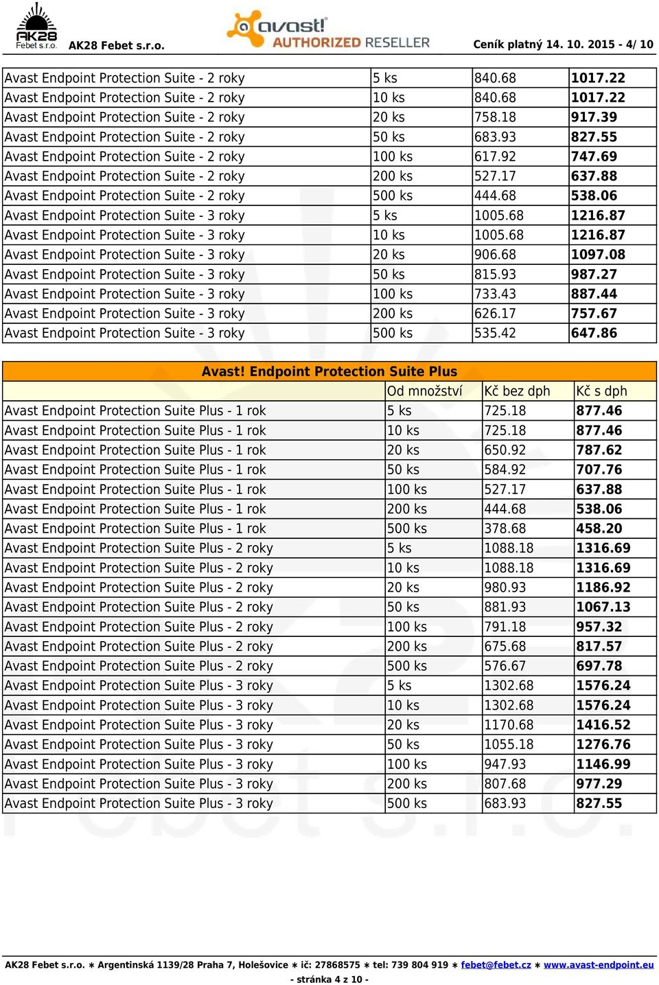 88 Avast Endpoint Protection Suite - 2 roky 500 ks 444.68 538.06 Avast Endpoint Protection Suite - 3 roky 5 ks 1005.68 1216.87 Avast Endpoint Protection Suite - 3 roky 10 ks 1005.68 1216.87 Avast Endpoint Protection Suite - 3 roky 20 ks 906.