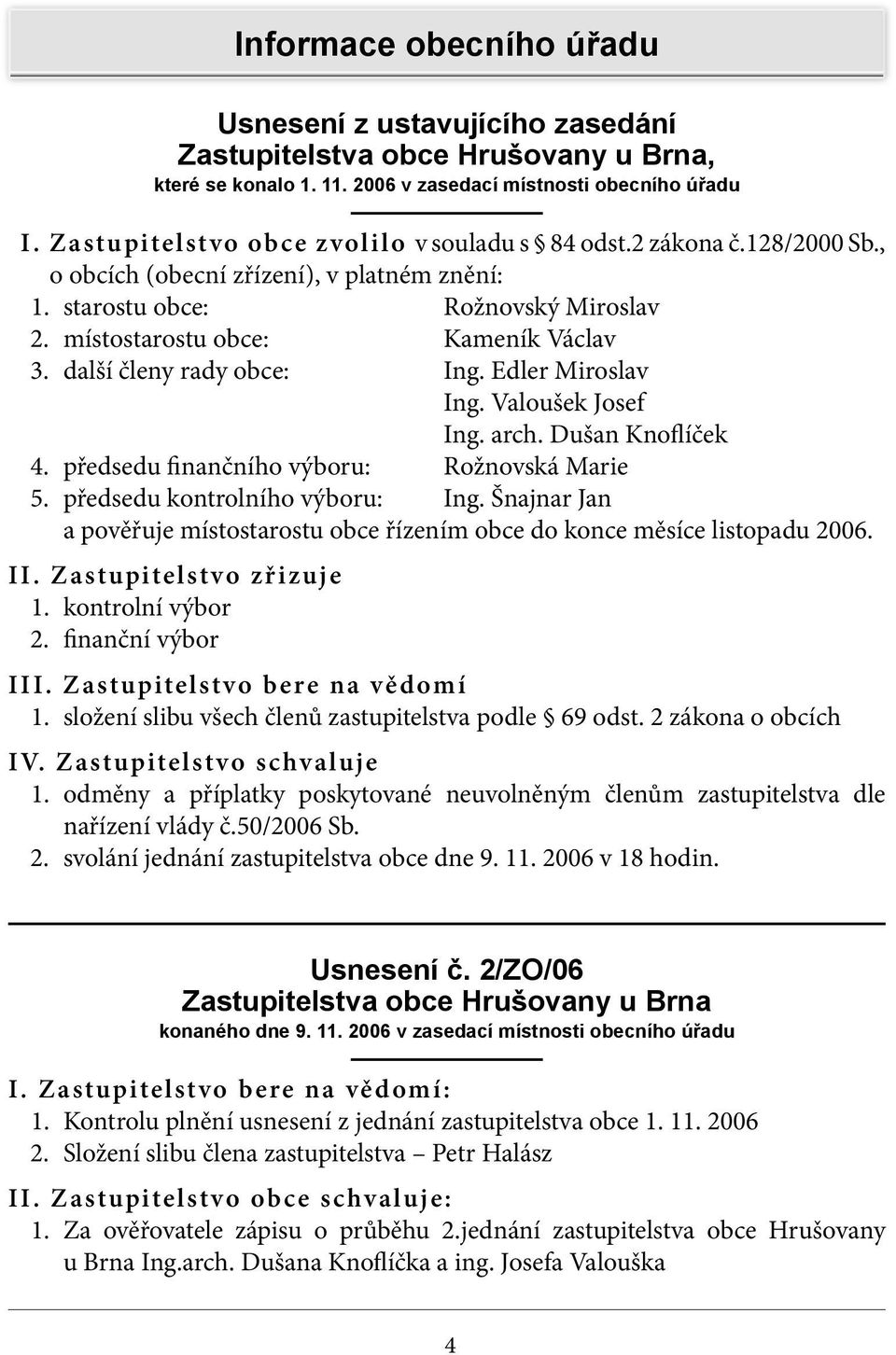 další členy rady obce: Ing. Edler Miroslav Ing. Valoušek Josef Ing. arch. Dušan Knoflíček 4. předsedu finančního výboru: Rožnovská Marie 5. předsedu kontrolního výboru: Ing.