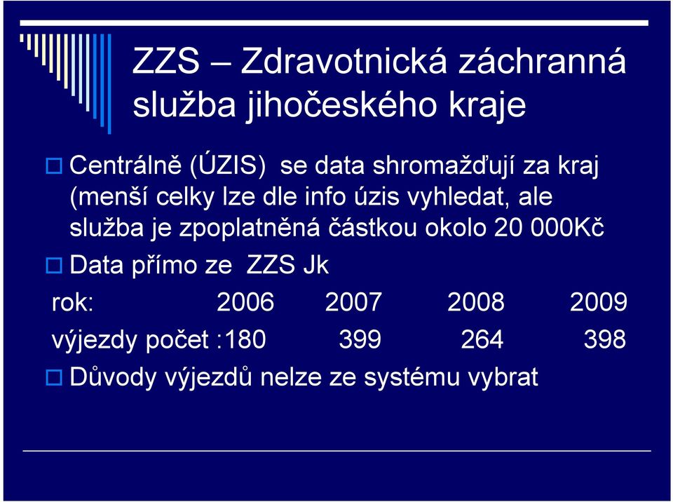 služba je zpoplatněná částkou okolo 20 000Kč Data přímo ze ZZS Jk rok: 2006