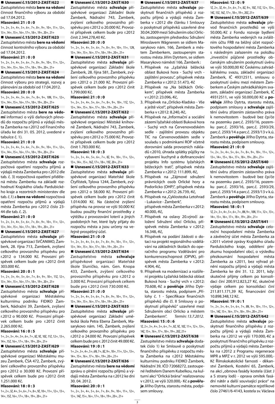 2012 od Finančního úřadu ke dni 31. 05. 2012, uvedené v tabulce č. 1). Usnesení č.15/2012-zast/626 Zastupitelstvo města schvaluje rozpočtová opatření rozpočtu příjmů a výdajů města Žamberka pro r.