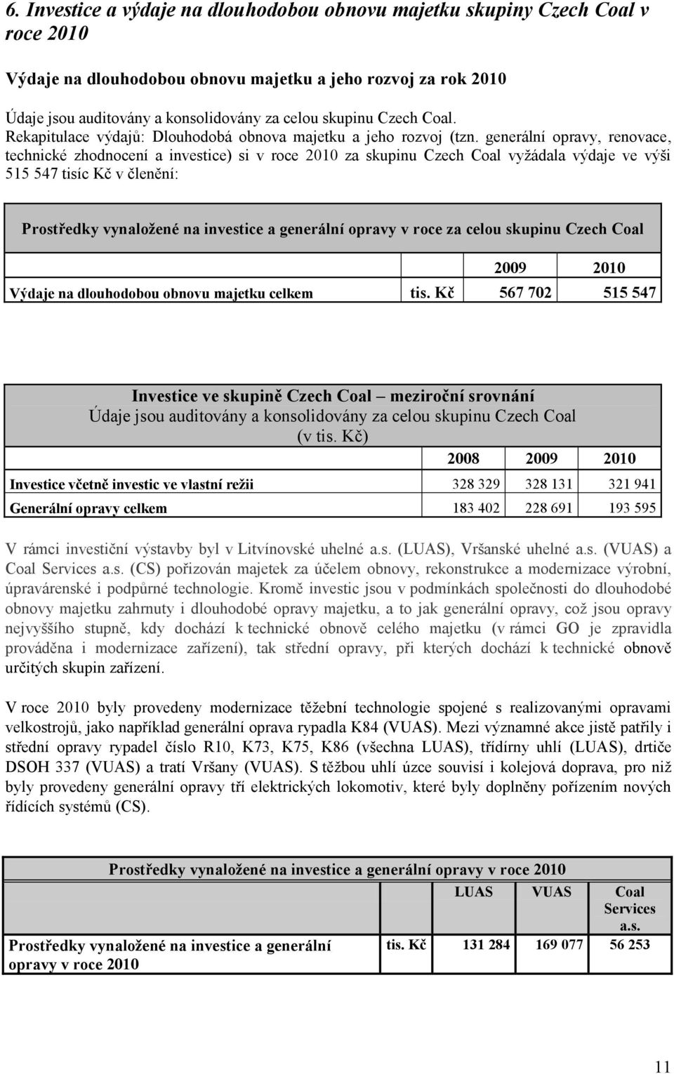 generální opravy, renovace, technické zhodnocení a investice) si v roce 2010 za skupinu Czech Coal vyžádala výdaje ve výši 515 547 tisíc Kč v členění: Prostředky vynaložené na investice a generální