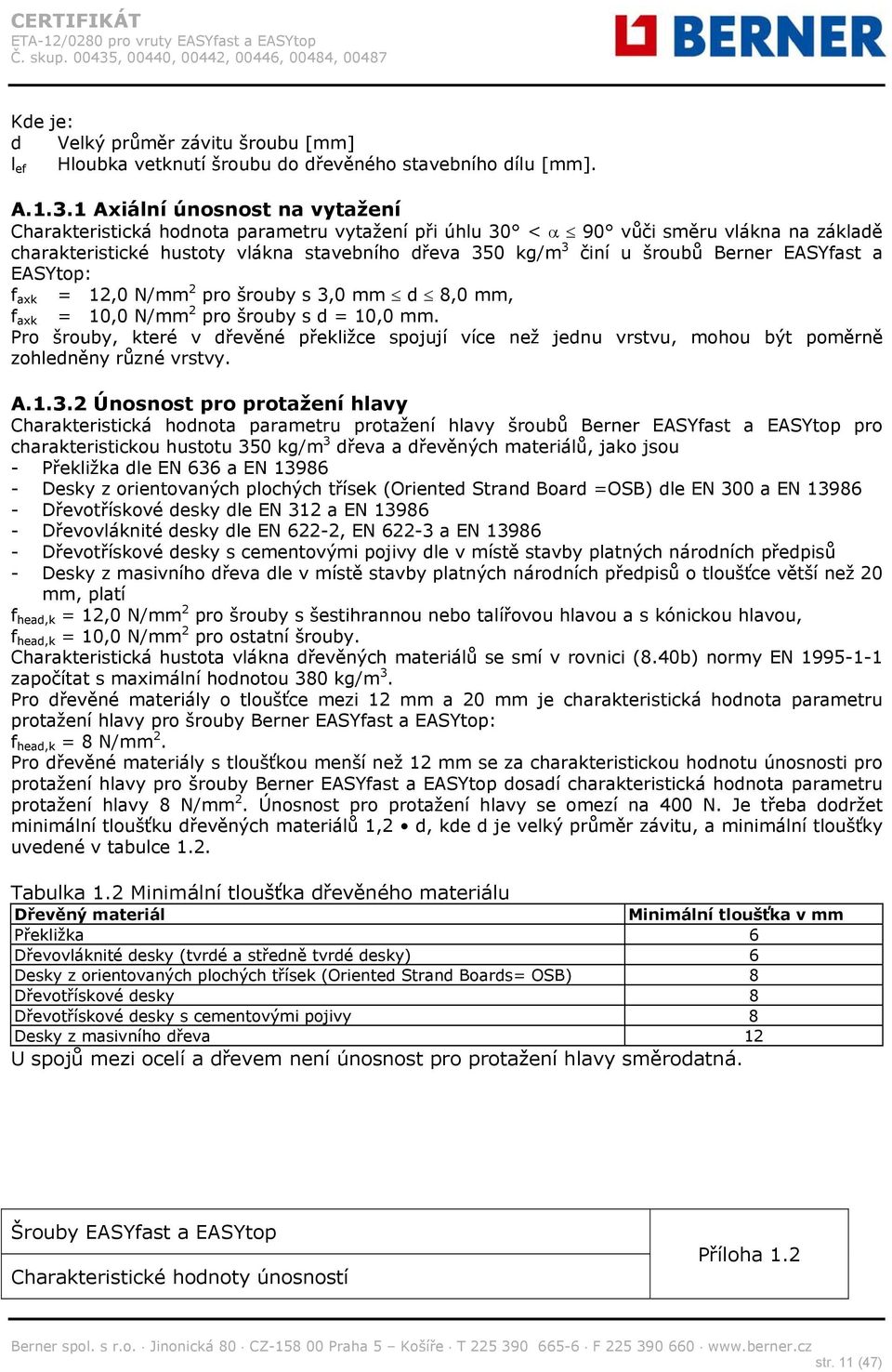 Berner EASYfast a EASYtop: f axk = 12,0 N/mm 2 pro šrouby s 3,0 mm d 8,0 mm, f axk = 10,0 N/mm 2 pro šrouby s d = 10,0 mm.