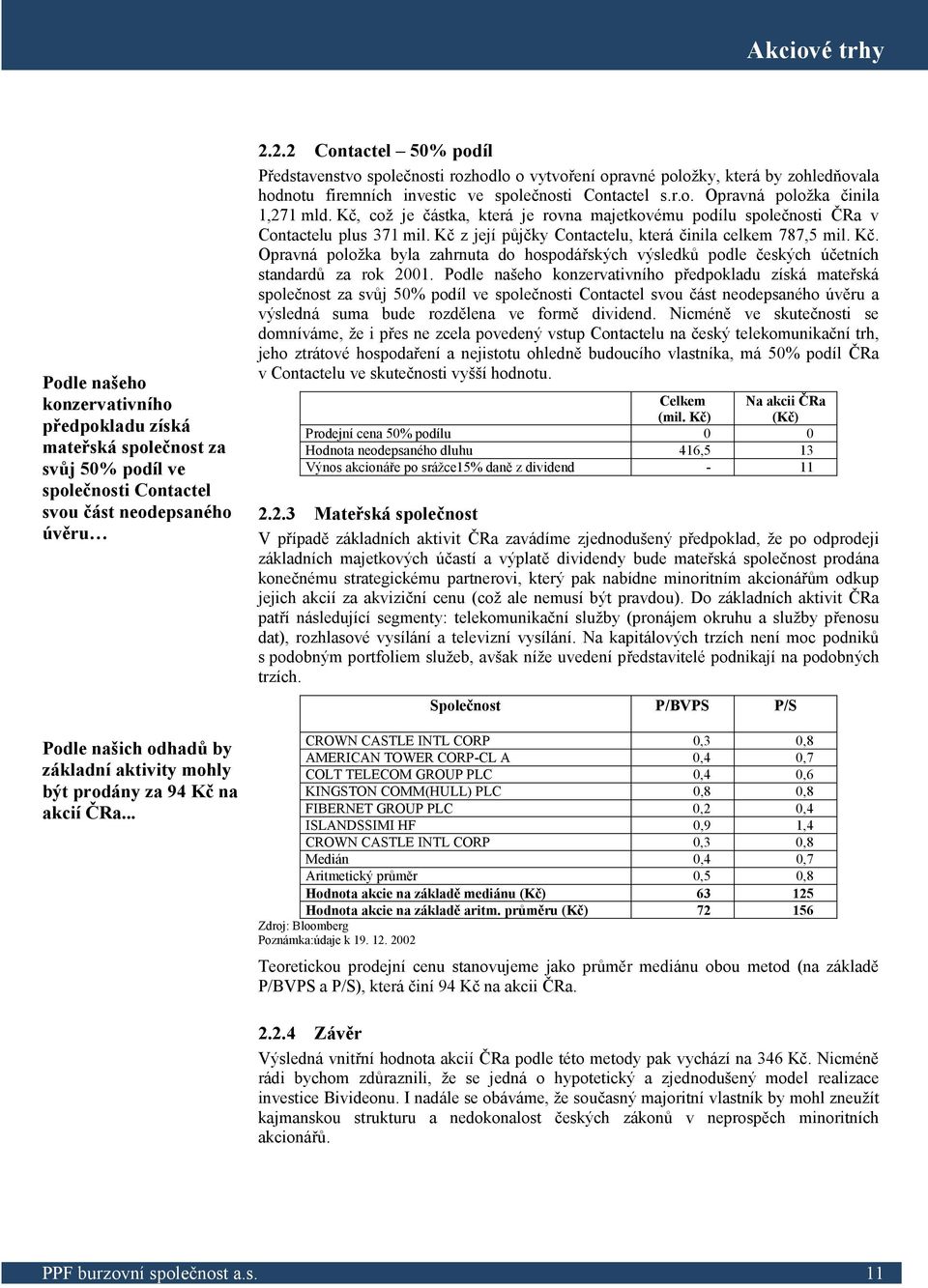 Kč, což je částka, která je rovna majetkovému podílu společnosti ČRa v Contactelu plus 371 mil. Kč 