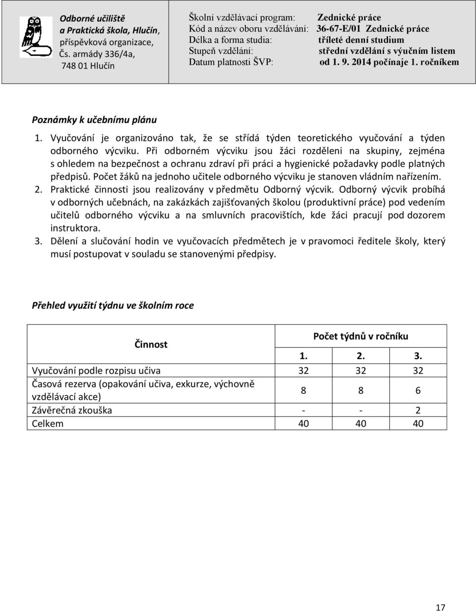 Počet žáků na jednoho učitele odborného výcviku je stanoven vládním nařízením. 2. Praktické činnosti jsou realizovány v předmětu Odborný výcvik.