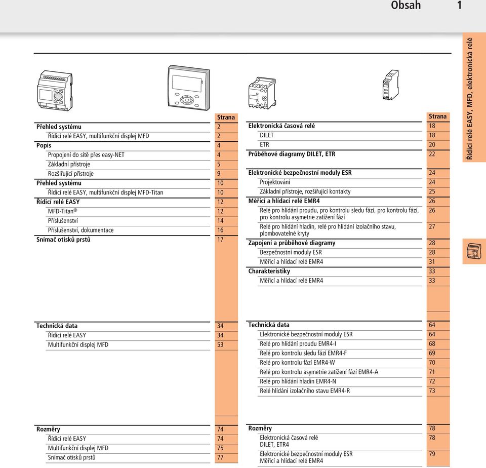 DILET, ETR 22 Elekronické bezpečnosní moduly ESR 24 Projekování 24 Základní přísroje, rozšiřující konaky 25 Měřicí a hlídací relé EMR4 26 Relé pro hlídání proudu, pro konrolu sledu fází, pro konrolu