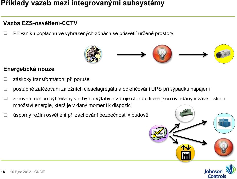 UPS při výpadku napájení zároveň mohou být řešeny vazby na výtahy a zdroje chladu, které jsou ovládány v závislosti na