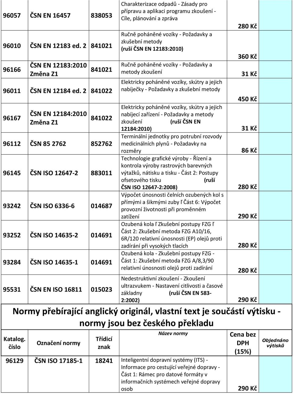 EN ISO 16811 015023 Charakterizace odpadů - Zásady pro přípravu a aplikaci programu zkoušení - Cíle, plánování a zpráva Ručně poháněné vozíky - Požadavky a zkušební metody (ruší ČSN EN 12183:2010)