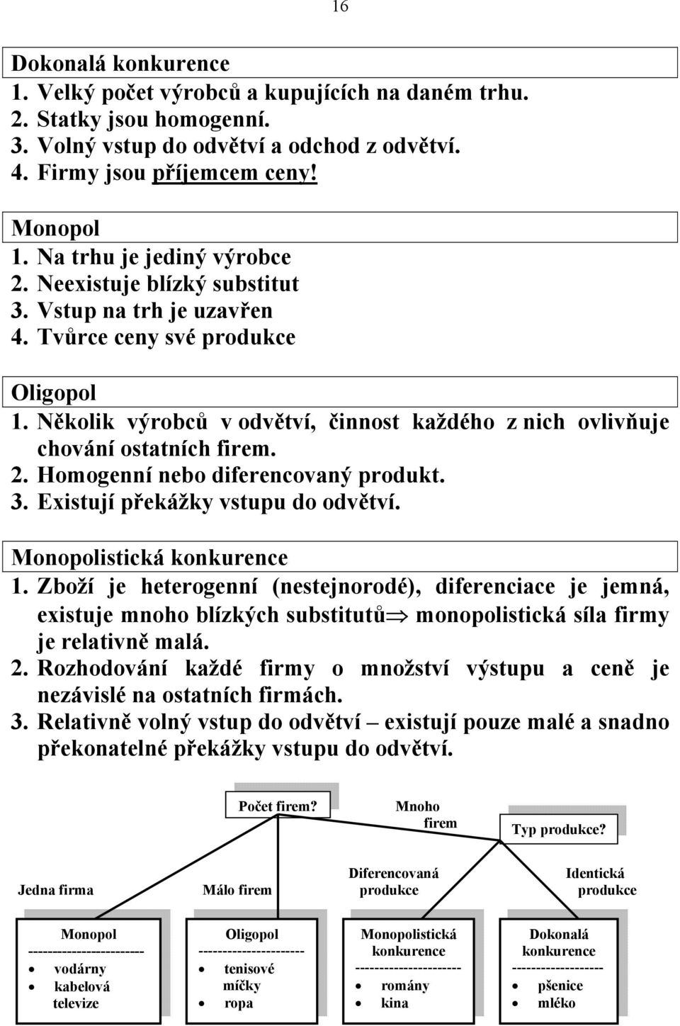 Několik výrobců v odvětví, činnost každého z nich ovlivňuje chování ostatních firem. 2. Homogenní nebo diferencovaný produkt. 3. Existují překážky vstupu do odvětví. Monopolistická konkurence 1.