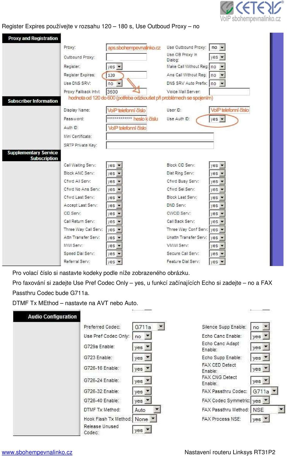 Pro faxování si zadejte Use Pref Codec Only yes, u funkcí začínajících Echo