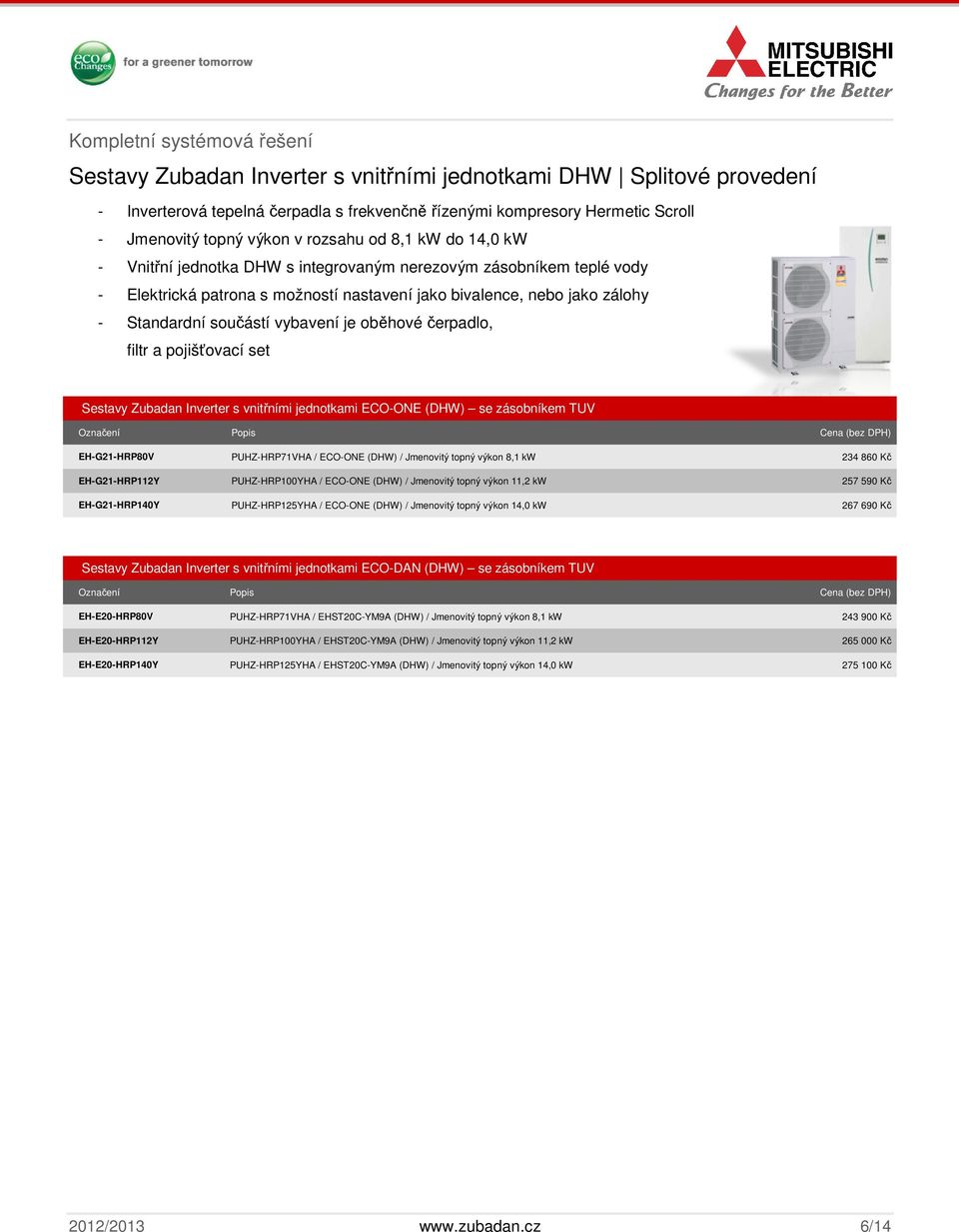 součástí vybavení je oběhové čerpadlo, filtr a pojišťovací set Sestavy Zubadan Inverter s vnitřními jednotkami ECO-ONE (DHW) se zásobníkem TUV EH-G21-HRP80V PUHZ-HRP71VHA / ECO-ONE (DHW) / Jmenovitý