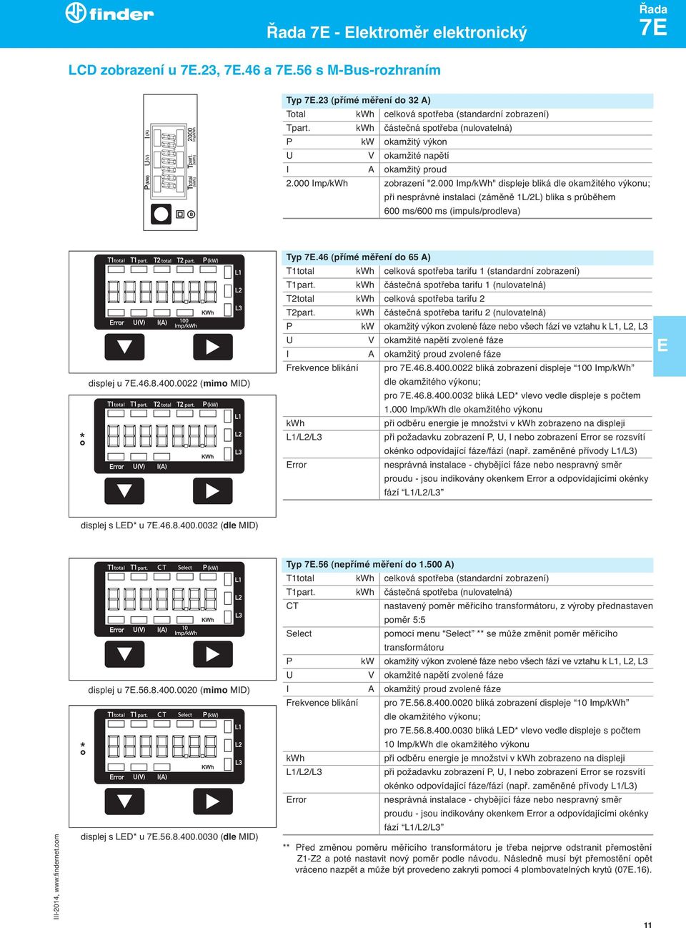 000 Imp/kWh" displeje bliká dle okamžitého výkonu; při nesprávné instalaci (záměně 1L/2L) blika s průběhem 600 ms/600 ms (impuls/prodleva) displej u 7.46.8.400.0022 (mimo MID) Typ 7.