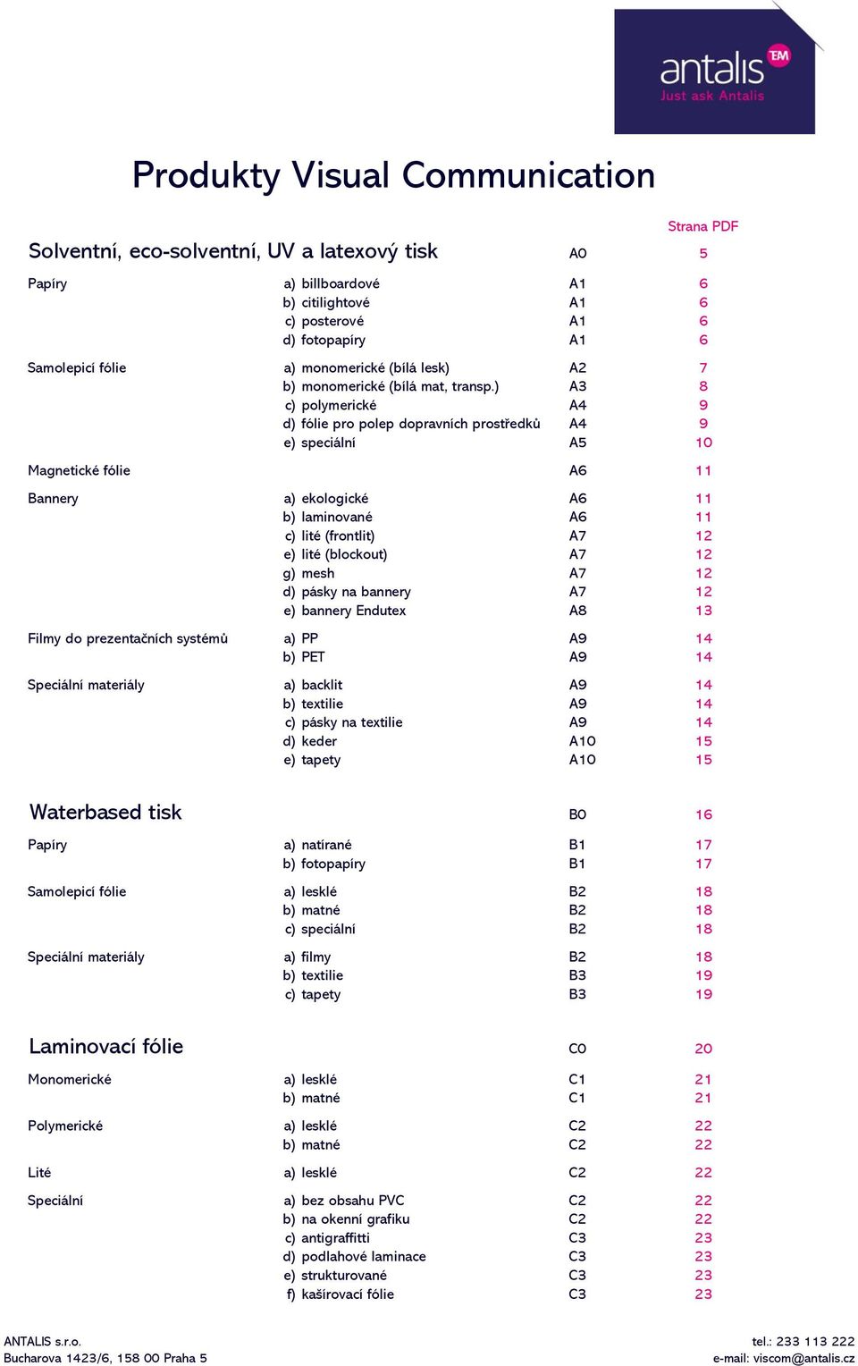 ) A3 8 c) polymerické A4 9 d) fólie pro polep dopravních prostředků A4 9 e) speciální A5 10 Magnetické fólie A6 11 Bannery a) ekologické A6 11 b) laminované A6 11 c) lité (frontlit) A7 12 e) lité