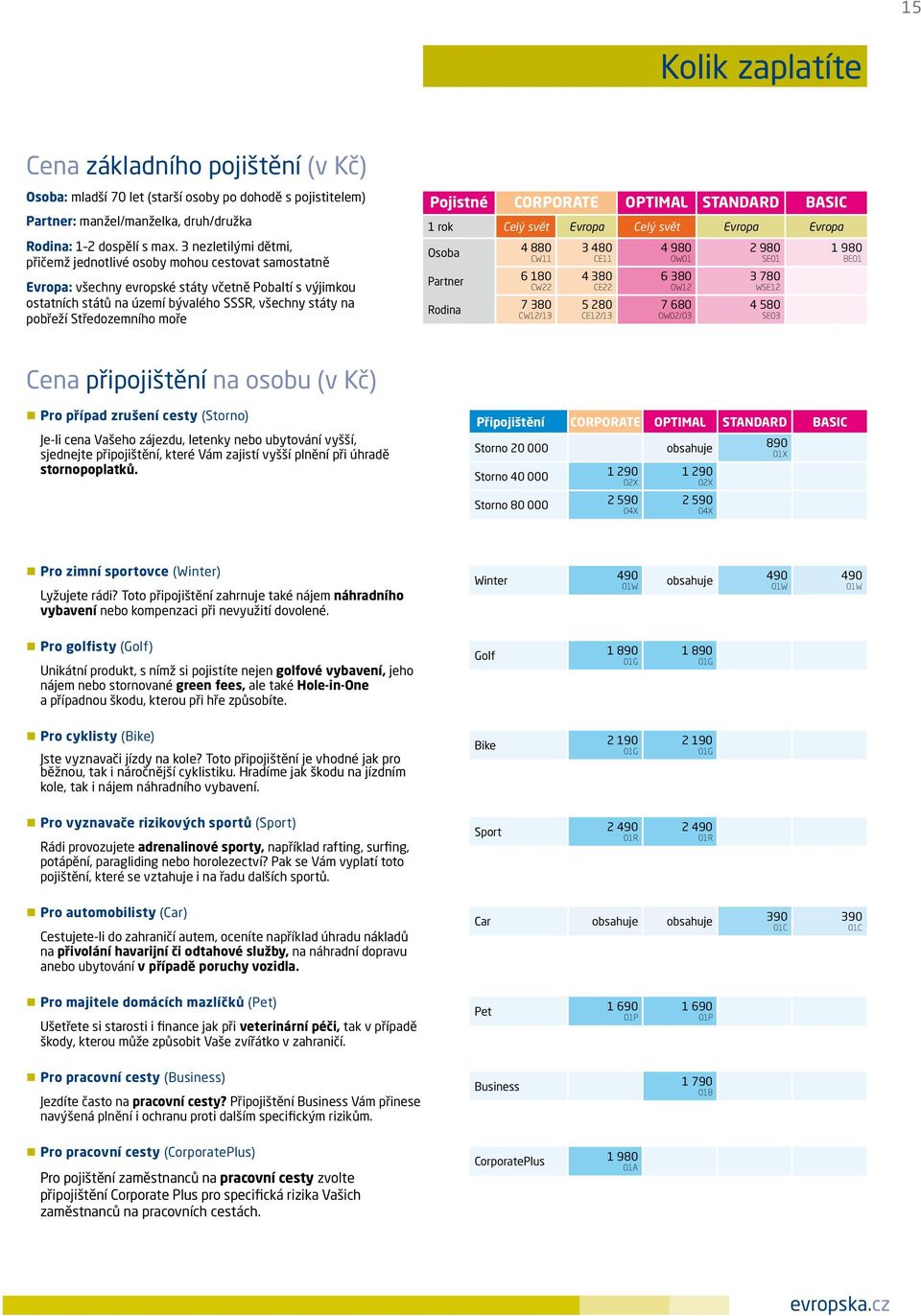 Středozemního moře Pojistné CORPORATE optimal Standard BASIC rok Celý svět Evropa Celý svět Evropa Evropa Osoba Partner Rodina 4 880 CW 6 80 CW 7 80 CW/ 480 CE 4 80 CE 5 80 CE/ 4 980 OW0 6 80 OW 7