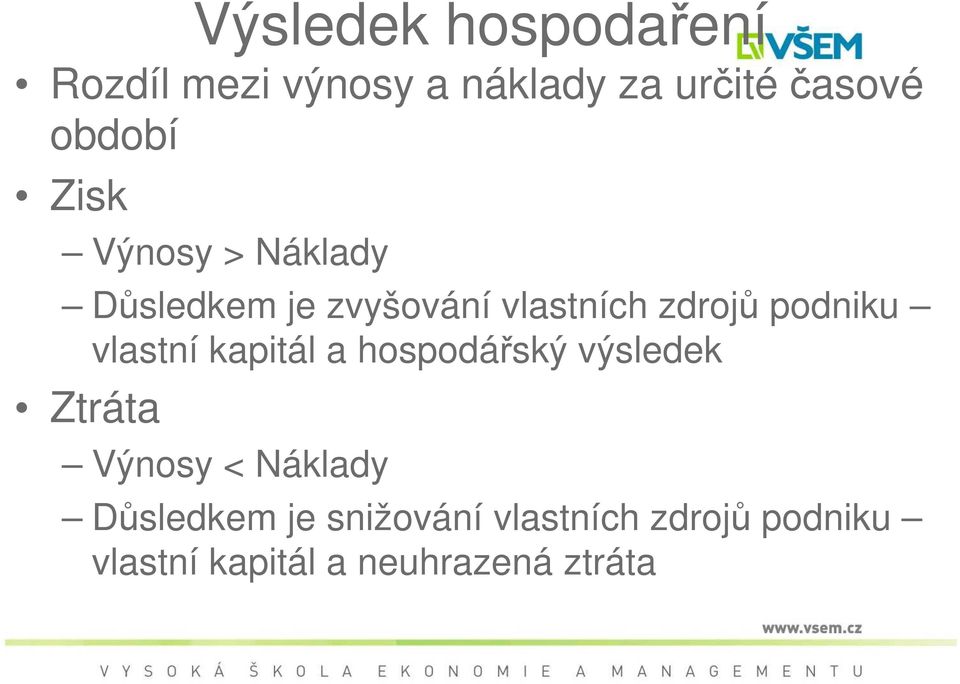 podniku vlastní kapitál a hospodářský výsledek Ztráta Výnosy < Náklady