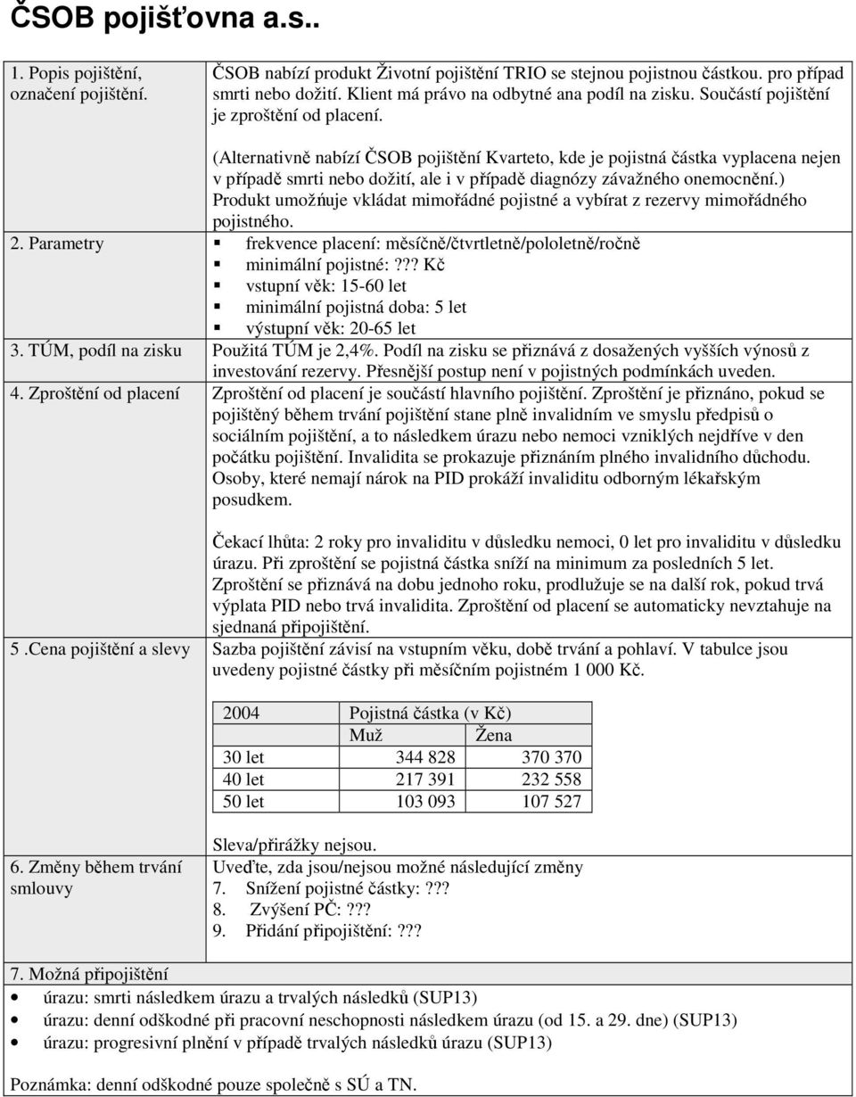 (Alternativně nabízí ČSOB pojištění Kvarteto, kde je pojistná částka vyplacena nejen v případě smrti nebo dožití, ale i v případě diagnózy závažného onemocnění.