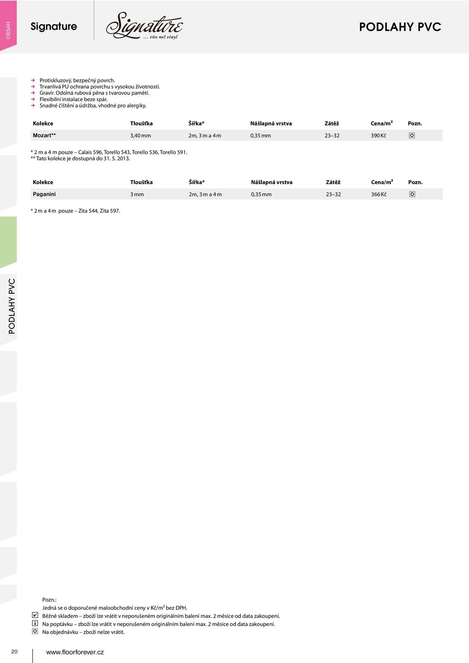 Kolekce Tloušťka Šířka* Nášlapná vrstva Zátěž Cena/m² Mozart** 3,40 mm 2m, 3 m a 4 m 0,35 mm 23 32 390 Kč * 2 m a 4 m pouze Calais 596, Torello 543, Torello 536, Torello 591.