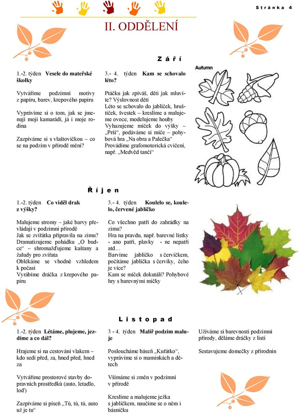 podzim v přírodě mění? 3.- 4. týden Kam se schovalo léto? Ptáčku jak zpíváš, děti jak mluvíte?