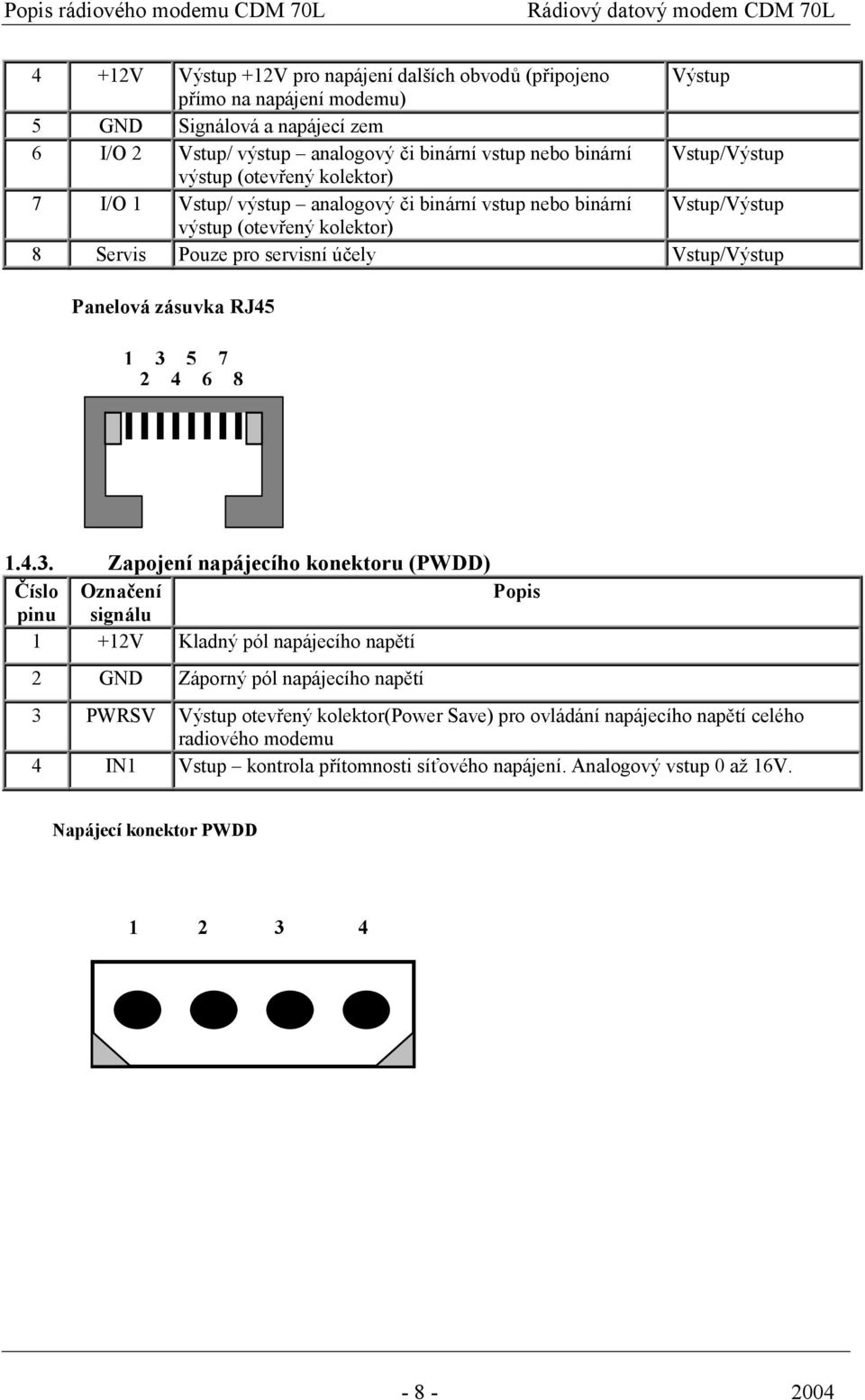 Pouze pro servisní účely Vstup/Výstup Panelová zásuvka RJ45 1 3 