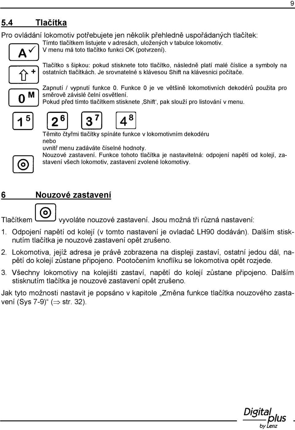 Je srovnatelné s klávesou Shift na klávesnici počítače. Zapnutí / vypnutí funkce 0. Funkce 0 je ve většině lokomotivních dekodérů použita pro směrově závislé čelní osvětlení.