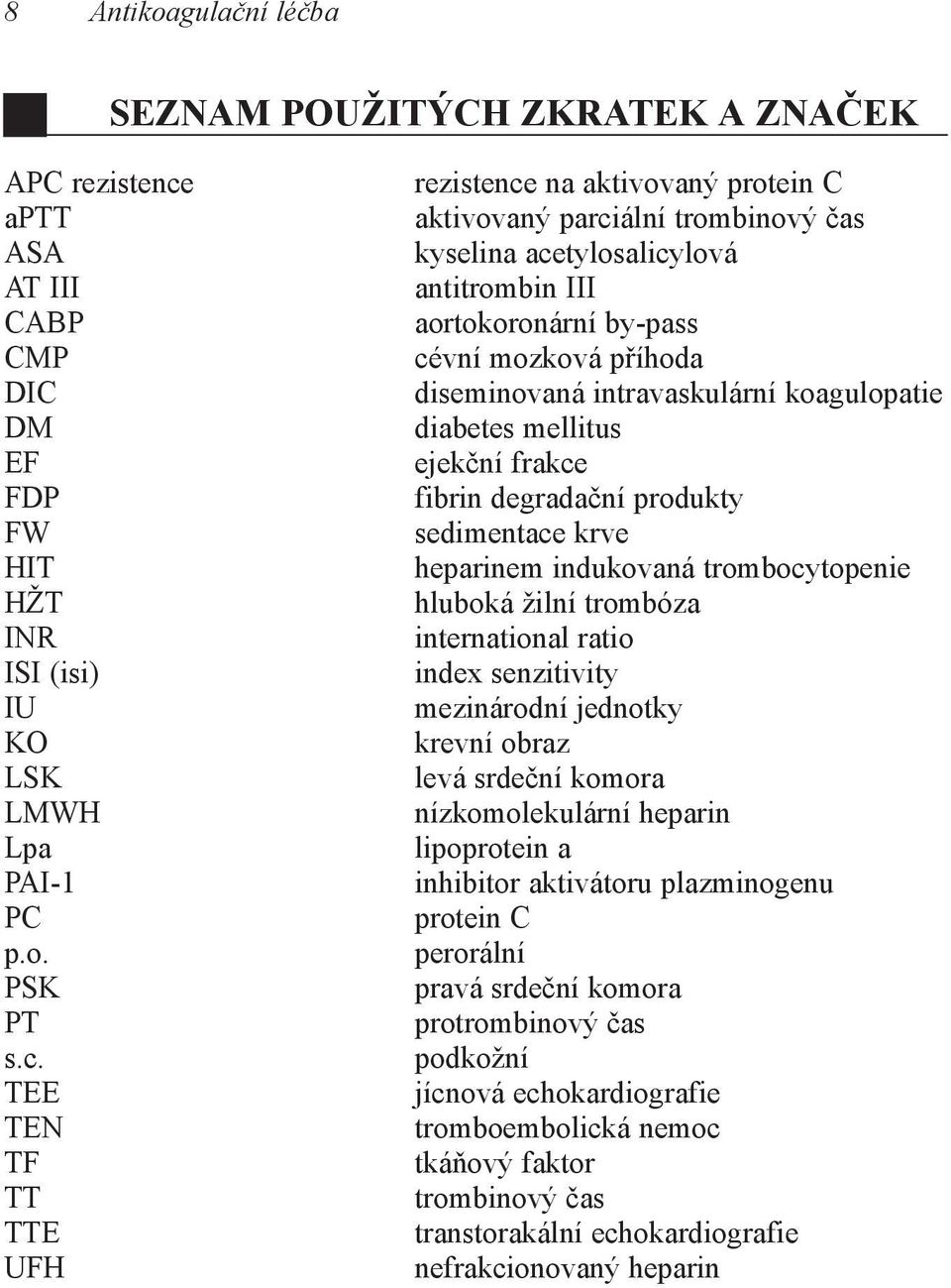 TEE TEN TF TT TTE UFH rezistence na aktivovaný protein C aktivovaný parciální trombinový čas kyselina acetylosalicylová antitrombin III aortokoronární by-pass cévní mozková příhoda diseminovaná