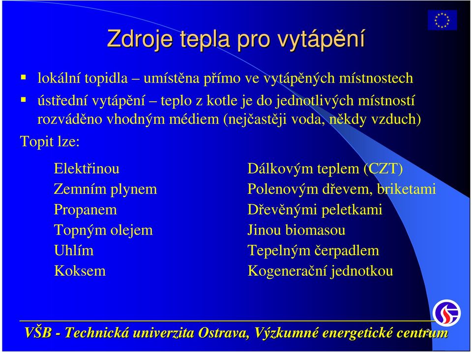 někdy vzduch) Topit lze: Elektřinou Zemním plynem Propanem Topným olejem Uhlím Koksem Dálkovým