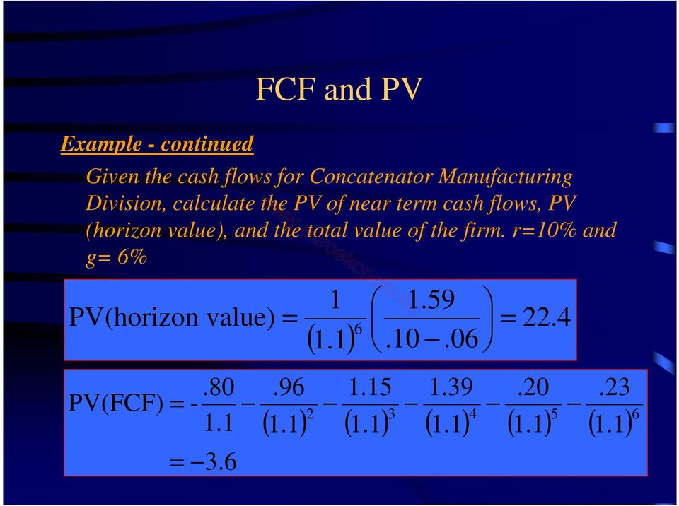 PV of near term cash flows, PV (horizon value), and the total value of the firm.