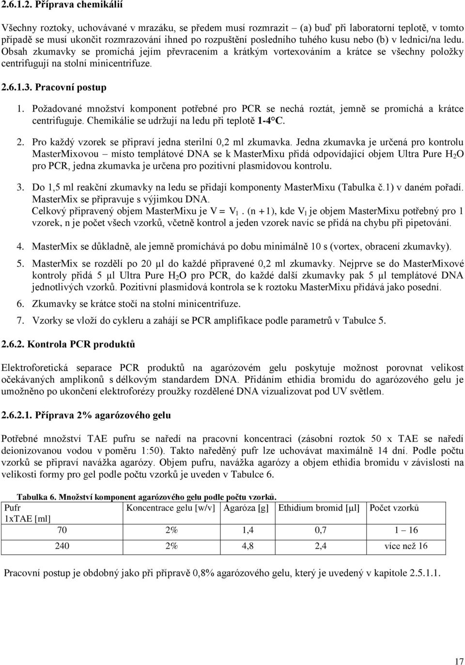 Pracovní postup 1. Poţadované mnoţství komponent potřebné pro PCR se nechá roztát, jemně se promíchá a krátce centrifuguje. Chemikálie se udrţují na ledu při teplotě 1-4 C. 2.
