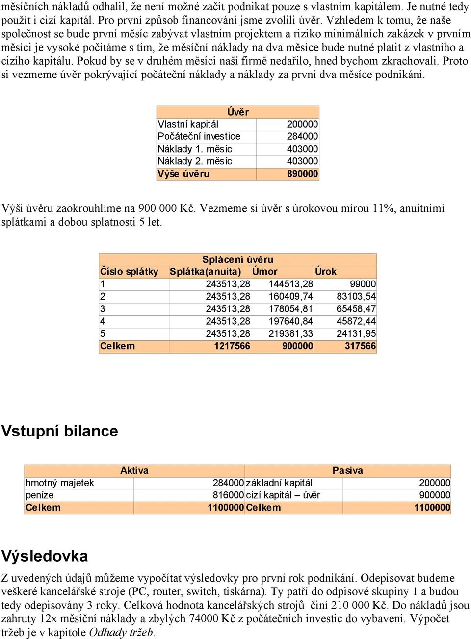 platit z vlastního a cizího kapitálu. Pokud by se v druhém měsíci naší firmě nedařilo, hned bychom zkrachovali.
